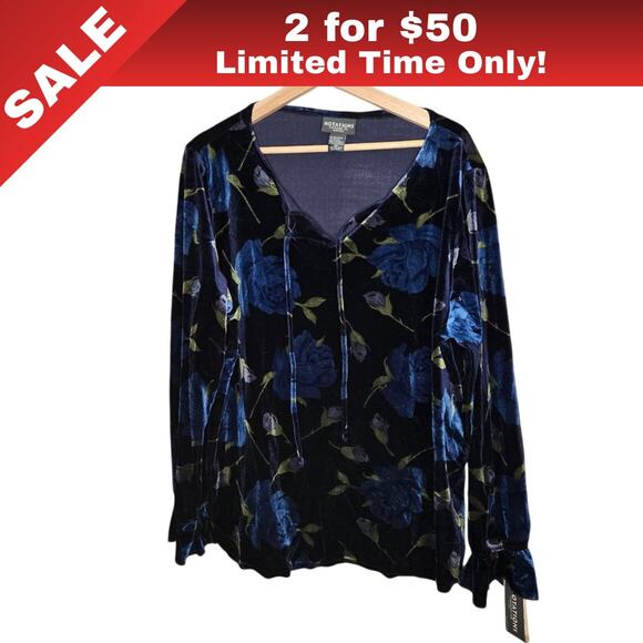 Notations Tops - [Sale: 2 for $50!] NOTATIONS Navy Blue Velvet Floral Top NWT 2X 0299